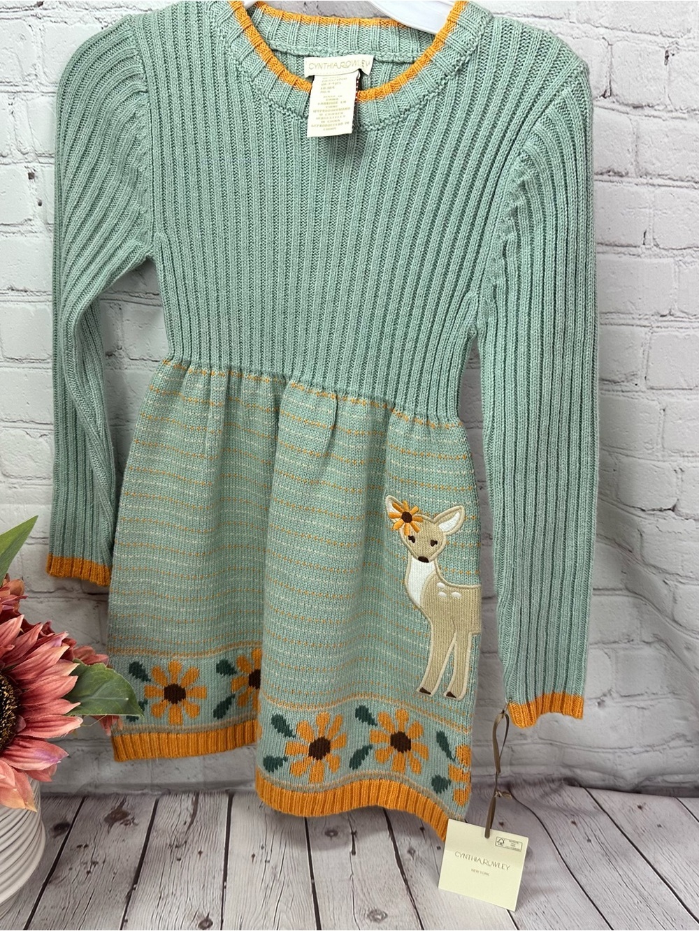 Cynthia Rowley Knit sweater Dress girls XS 4 deer woodland sunflower stripes